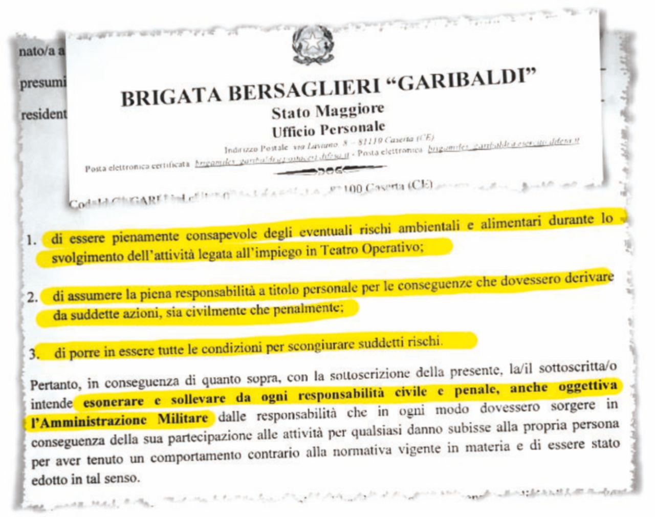 La liberatoria chiesta ai militari della Brigata Garibaldi - Ansa I nostri militari all’estero. “A loro rischio e pericolo”