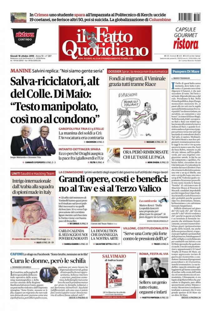 Copertina di giovedì 18 ottobre 2018