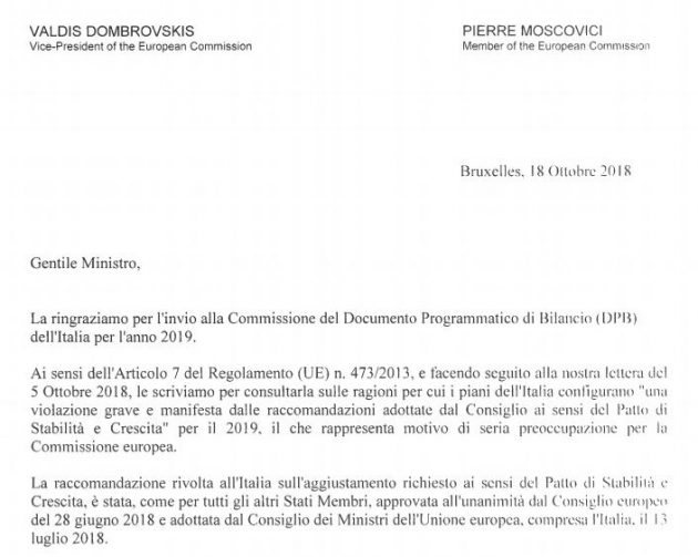 Manovra, lettera Ue a Tria: “Deviazione senza precedenti nella storia del patto di stabilità”