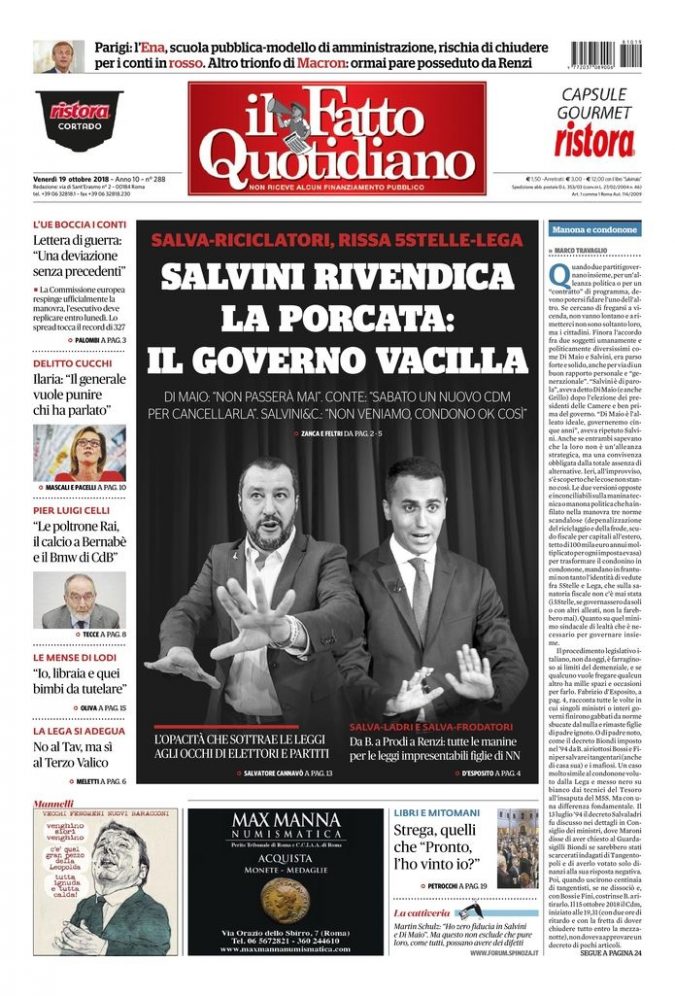 Copertina di venerdì 19 ottobre 2018