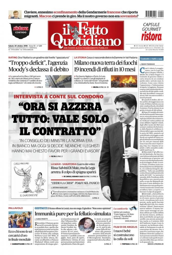 Copertina di sabato 20 ottobre 2018