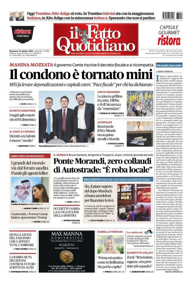 Copertina di domenica 21 ottobre 2018