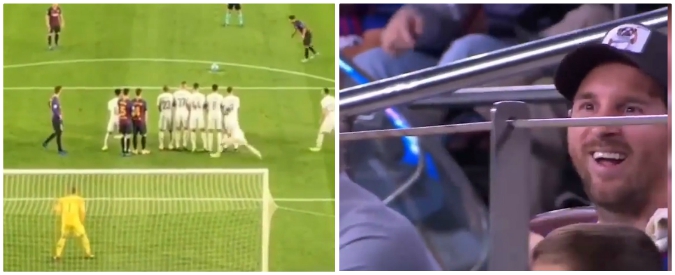 Copertina di Barcellona-Inter, Suarez calcia la punizione dal limite ma i nerazzurri lo fermano con un trucco geniale. E Messi se la ride