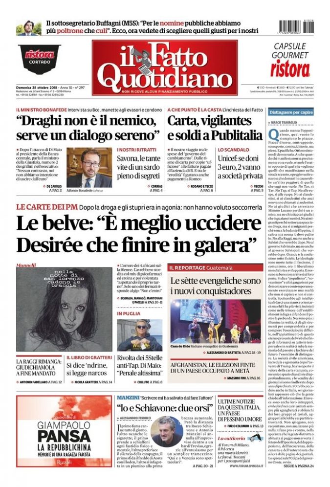 Copertina di domenica 28 ottobre 2018