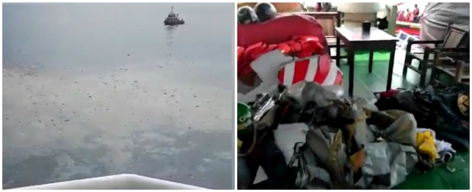 Copertina di Incidente aereo Indonesia, le prime immagini dal luogo del disastro: detriti in mare, oggetti e una chiazza di carburante