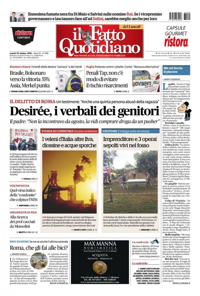 Copertina di lunedì 29 ottobre 2018