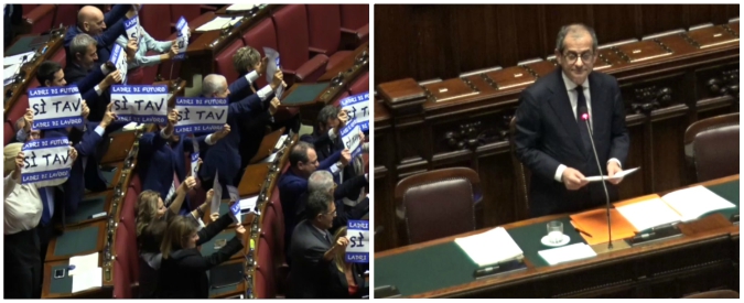 Copertina di Tav, Tria: “Prematuro quantificare l’impatto di uno stop”. E FI insorge con cori e cartelli: “Dateci l’alta velocità”