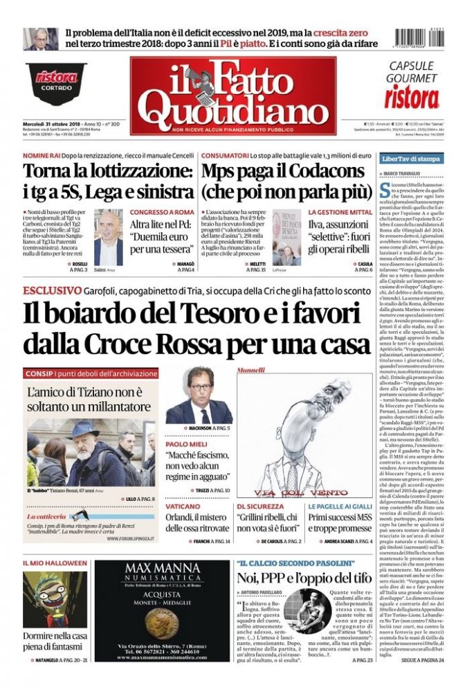 Copertina di mercoledì 31 ottobre 2018