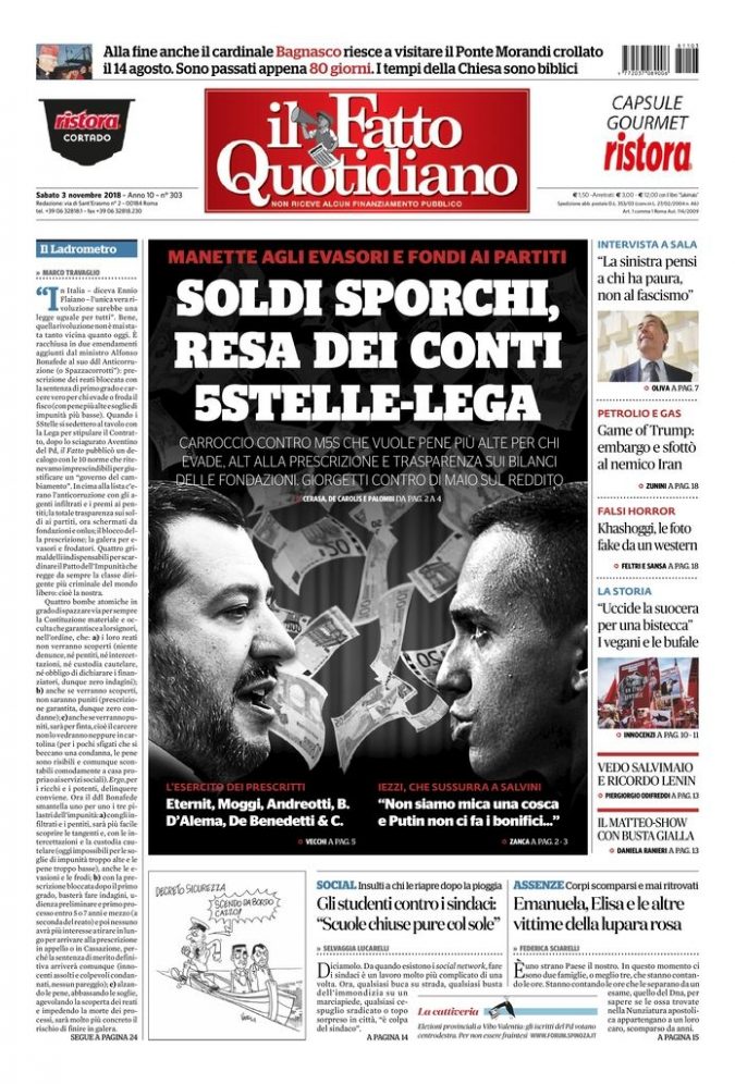 Copertina di sabato 3 novembre 2018