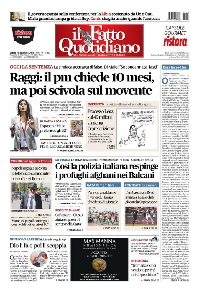 Copertina di sabato 10 novembre 2018