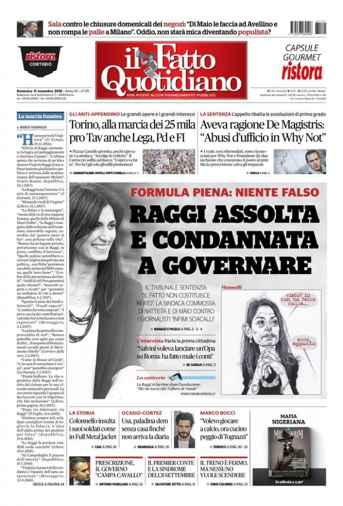 Copertina de Il Fatto Quotidiano di Dom 11 Novembre 2018