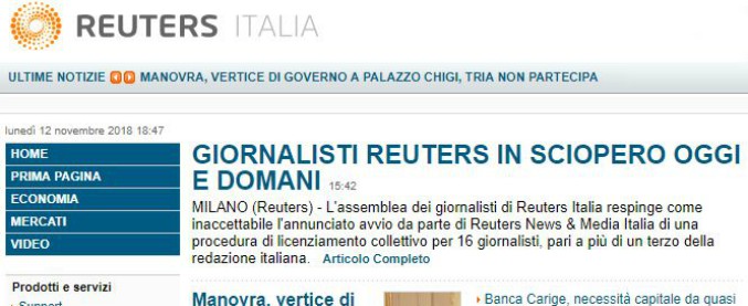 Editoria, Reuters annuncia 16 licenziamenti in Italia. Giornalisti in sciopero: “Incomprensibile, conti in utile”