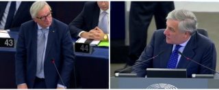 Copertina di Sta per parlare Juncker, “ululati” di protesta al Parlamento europeo. E Tajani zittisce tutti: “Serve un veterinario qui?”