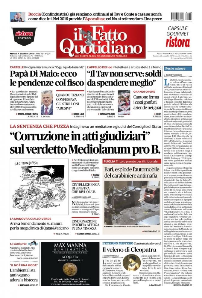 Copertina di martedì 4 dicembre 2018