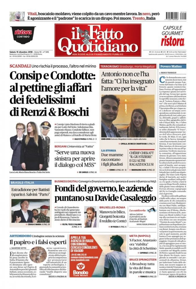 Copertina di sabato 15 dicembre 2018