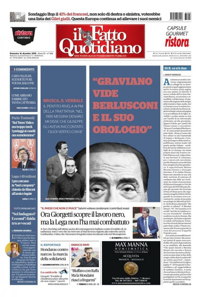 Copertina di domenica 16 dicembre 2018