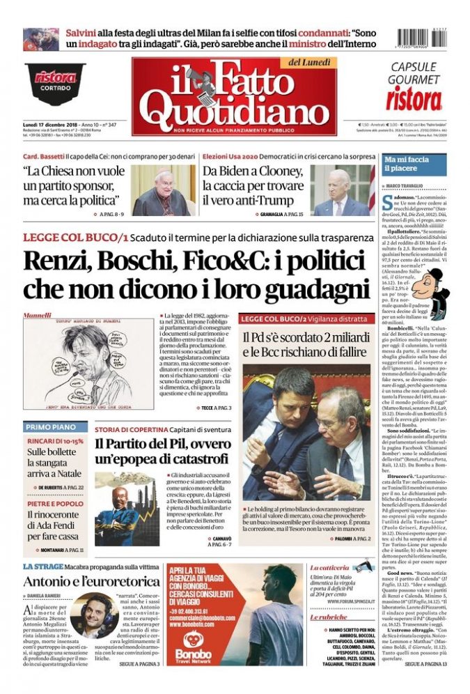 Copertina di lunedì 17 dicembre 2018