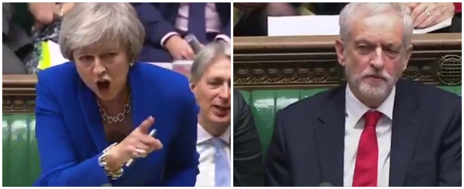Copertina di Scontro furioso tra Theresa May e il leader laburista Corbyn. Poi mentre lui è inquadrato: “Stupid woman”