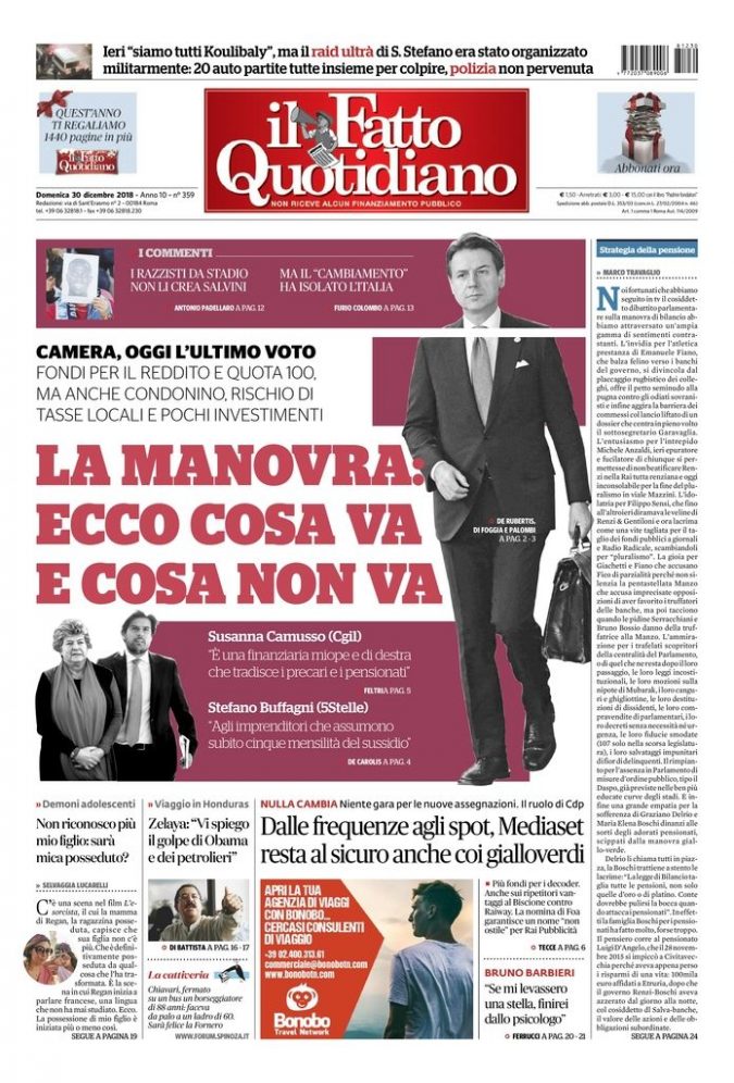 Copertina di domenica 30 dicembre 2018