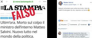 Copertina di Fake news sulla morte di Salvini, lui: “Mi allungano la vita”. La Stampa: “Chiesta chiusura del sito che usa nostro logo”