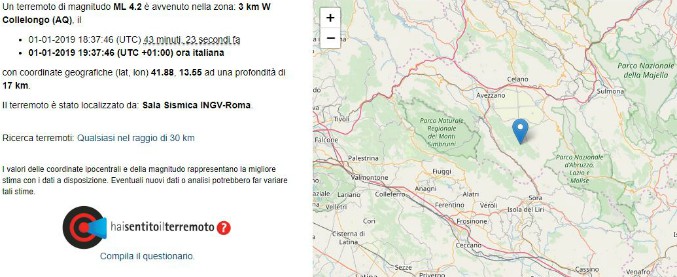 Terremoto, scossa di magnitudo 4.2 con epicentro a Collelongo in provincia dell’Aquila. Non segnalati danni