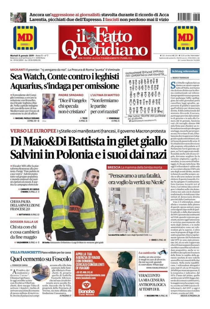 Copertina di martedì 8 gennaio 2019