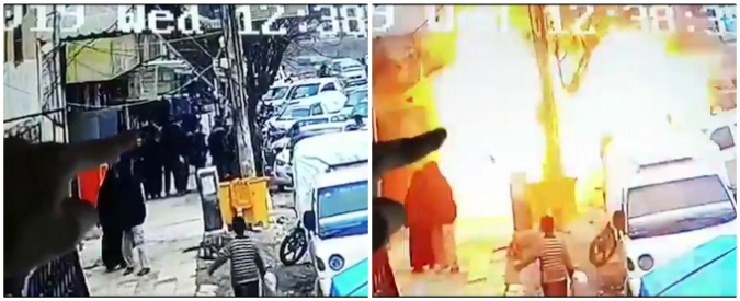 Copertina di Siria, attentato terroristico kamikaze al ristorante: il momento della violenta esplosione dalla strada