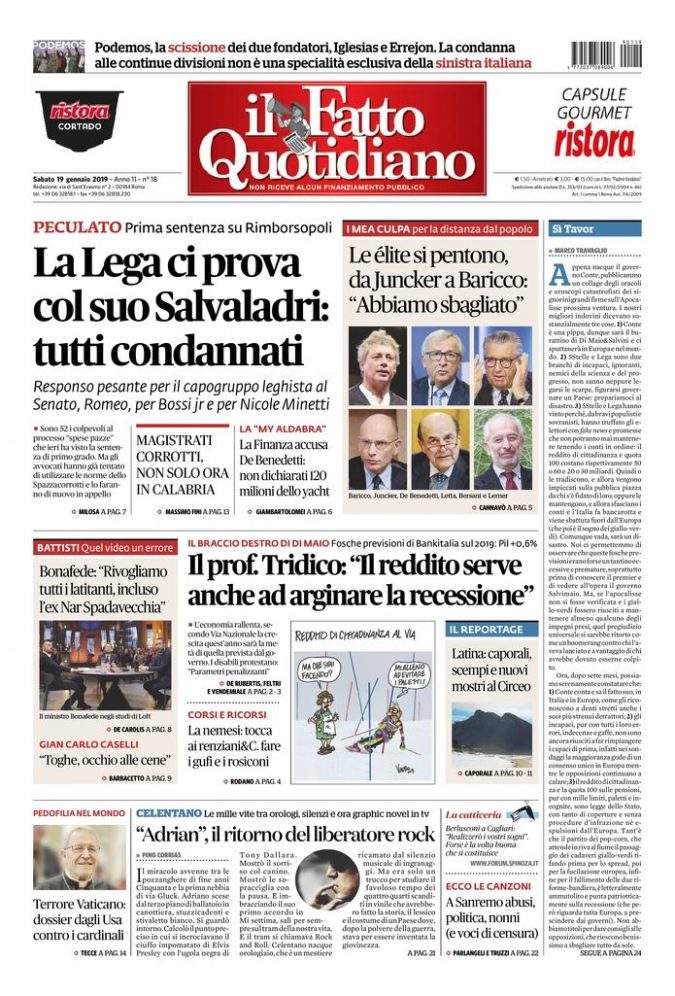 Copertina di sabato 19 gennaio 2019