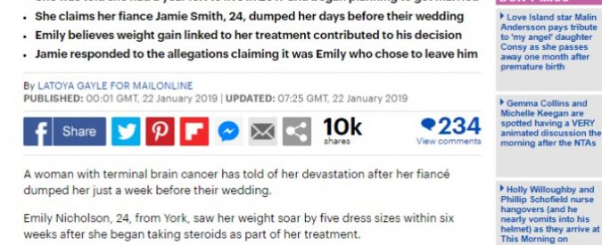Ragazza di 24 anni si ammala di cancro e il fidanzato la lascia su Facebook prima del matrimonio