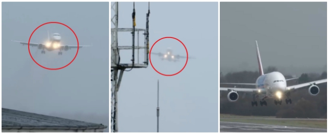 Copertina di La “battaglia” degli aerei per l’atterraggio: due rinunciano per il troppo vento, poi arriva il gigante dei cieli. E finisce così