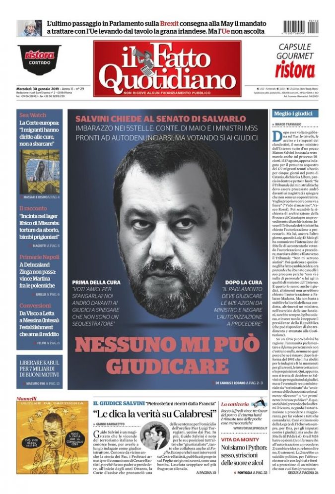 Copertina di mercoledì 30 gennaio 2019