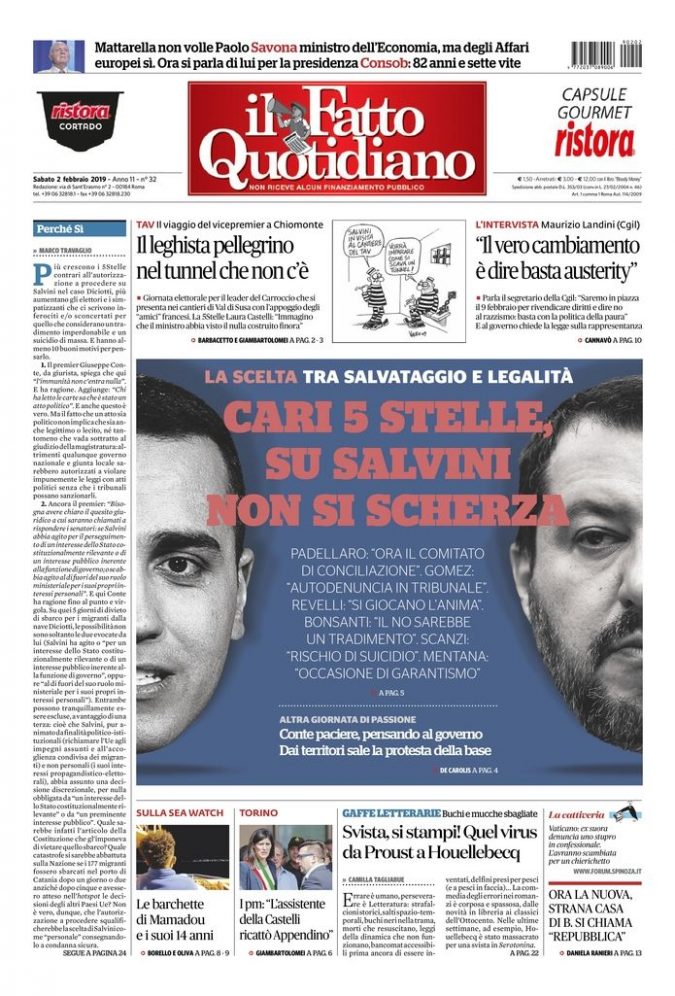 Copertina de Il Fatto Quotidiano di Sab 2 Febbraio 2019