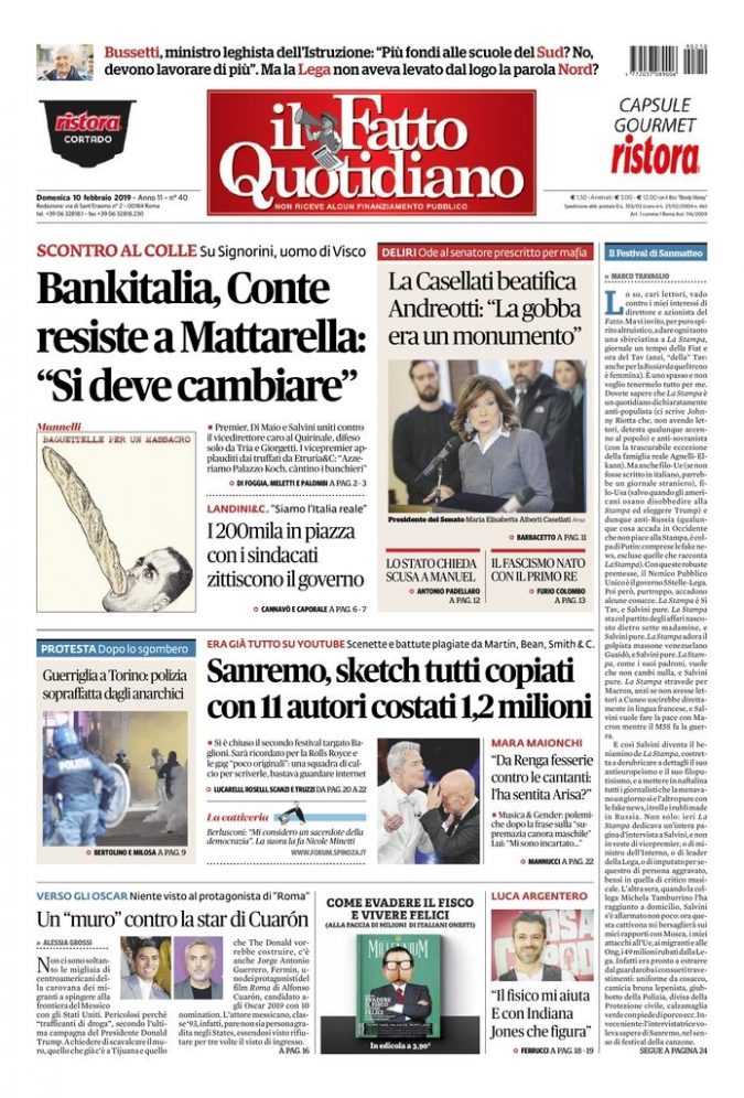 Copertina di domenica 10 febbraio 2019