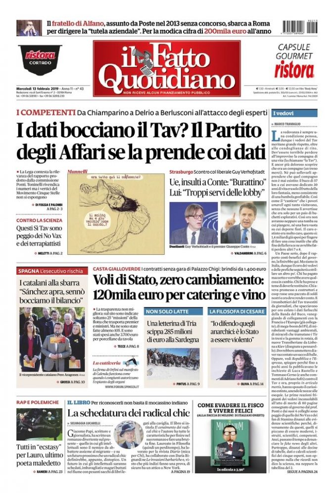 Copertina di mercoledì 13 febbraio 2019