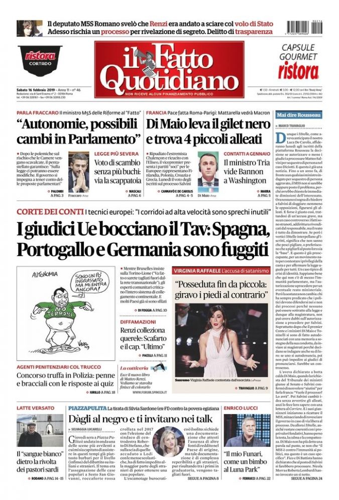 Copertina di sabato 16 febbraio 2019