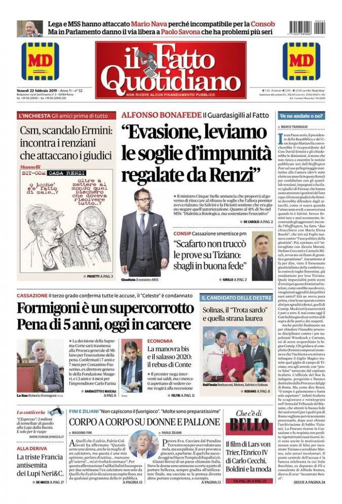 Copertina di venerdì 22 febbraio 2019