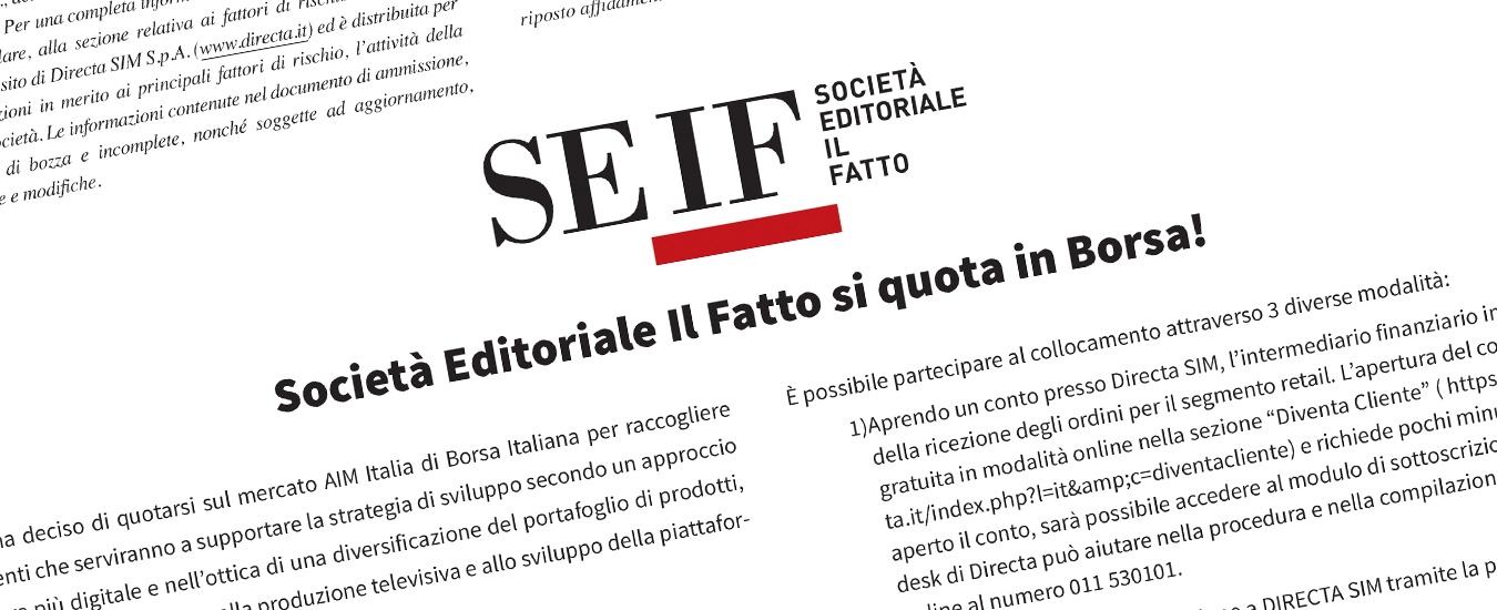 SEIF, il 14 marzo la cerimonia di quotazione della Società editoriale Il Fatto in diretta streaming
