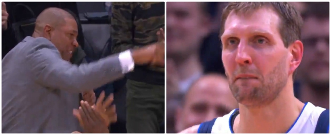 Copertina di L’allenatore chiama timeout e al microfono: “Nowitzki, let’s go!”. Il tributo al giocatore 40enne è da pelle d’oca