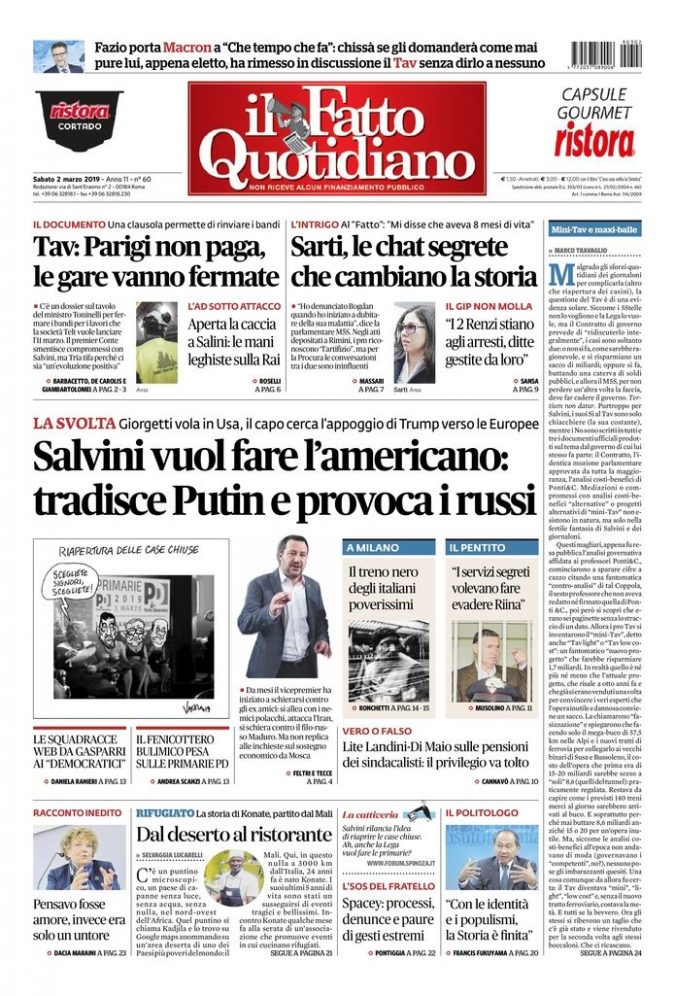 Copertina di sabato 2 marzo 2019