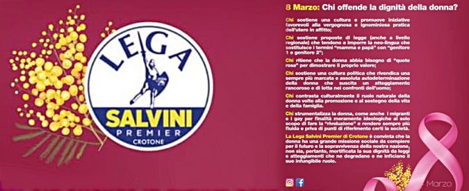8 marzo, Lega di Crotone fa volantino che denigra le donne. Ministre M5s: “Scioccante”. Salvini: “Non lo condivido”