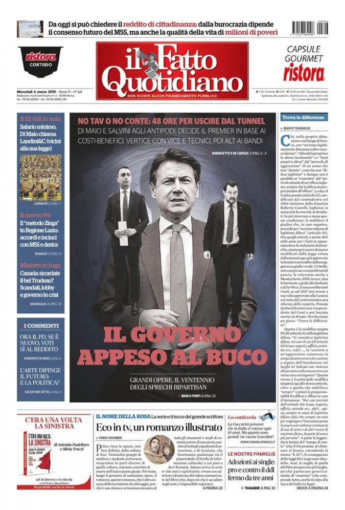 Copertina di mercoledì 6 marzo 2019