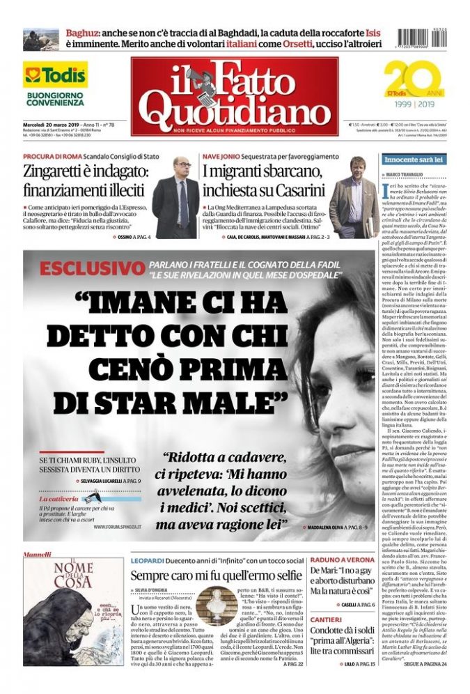 Copertina di mercoledì 20 marzo 2019