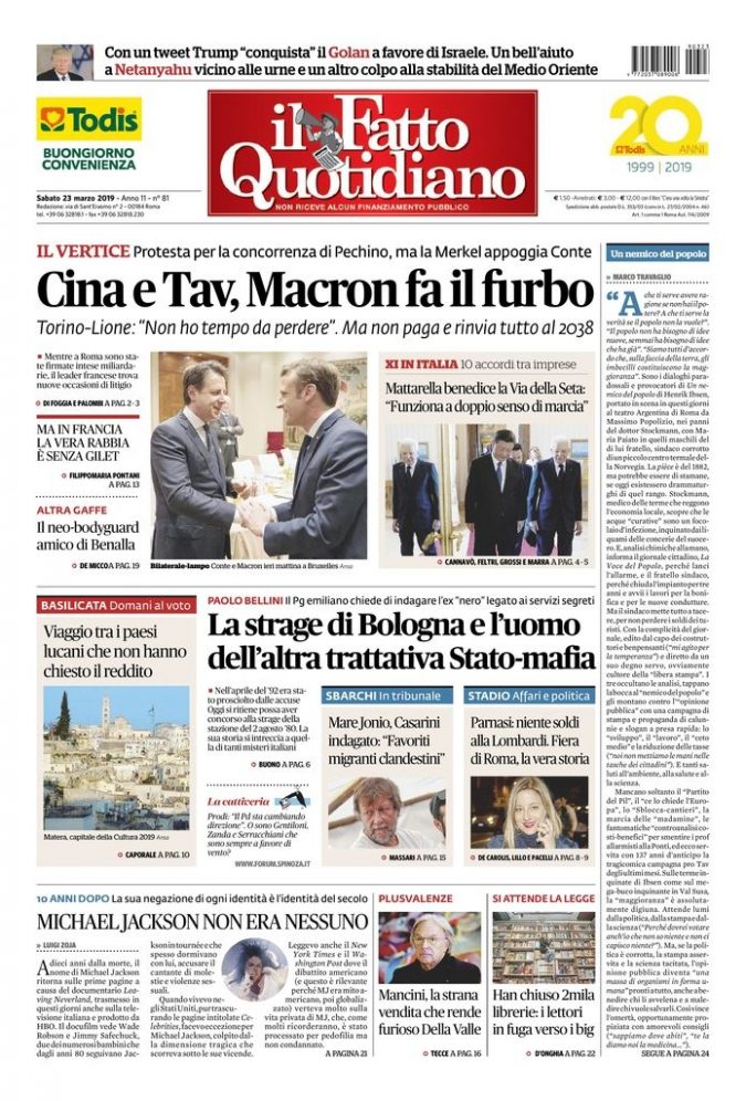 Copertina di sabato 23 marzo 2019