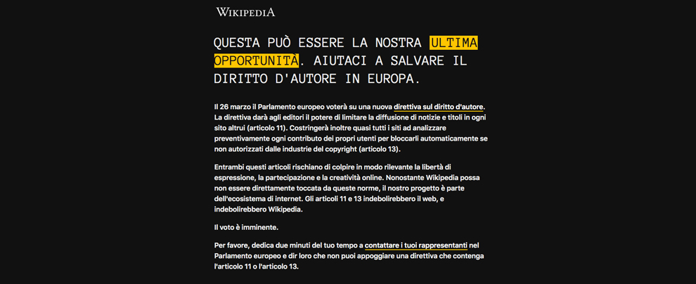 Wikipedia si oscura per protesta. L’enciclopedia online si schiera contro la direttiva UE sul copyright