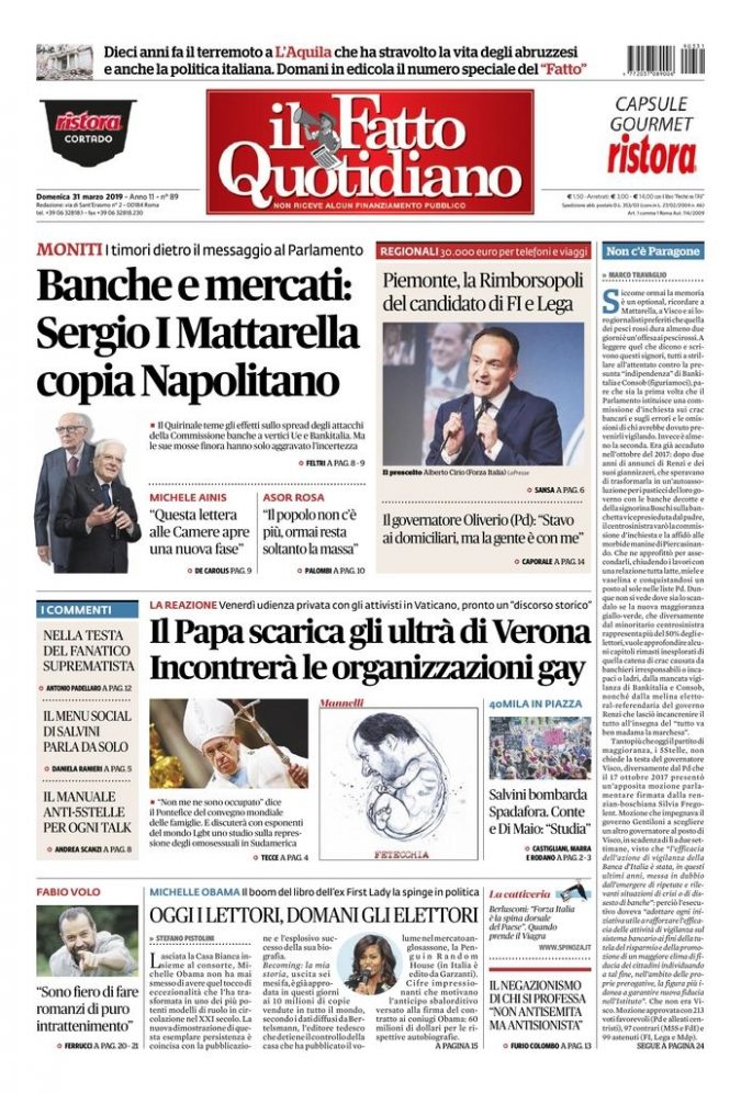 Copertina di domenica 31 marzo 2019