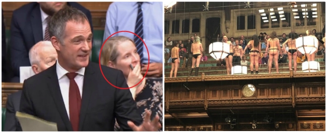 Copertina di Si discute di Brexit ma in Parlamento scatta la protesta degli ambientalisti nudi. E la reazione dei deputati è da ridere