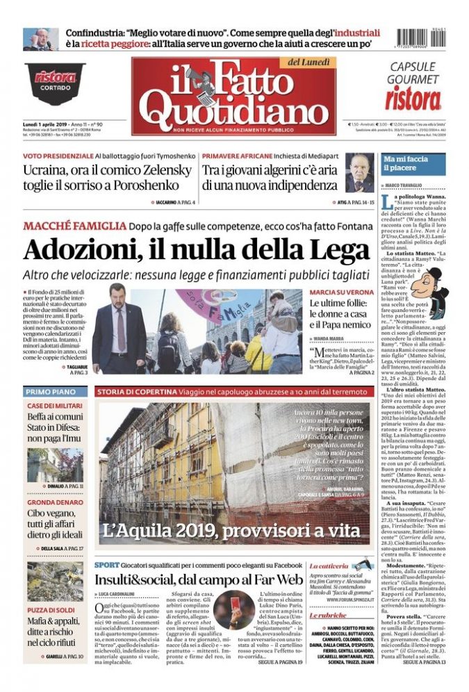 Copertina di lunedì 1 aprile 2019