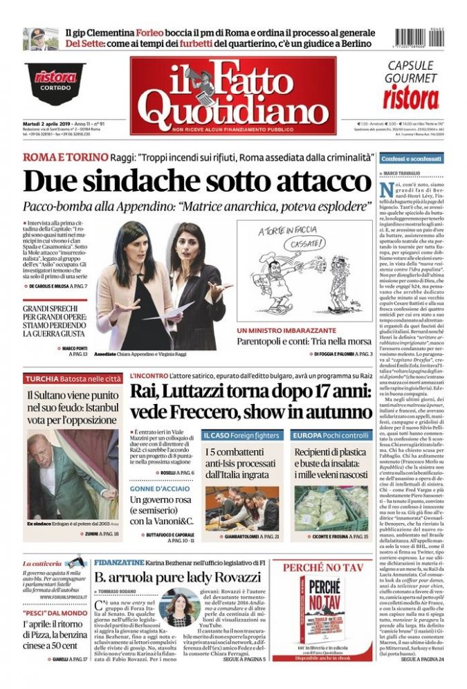 Copertina di martedì 2 aprile 2019