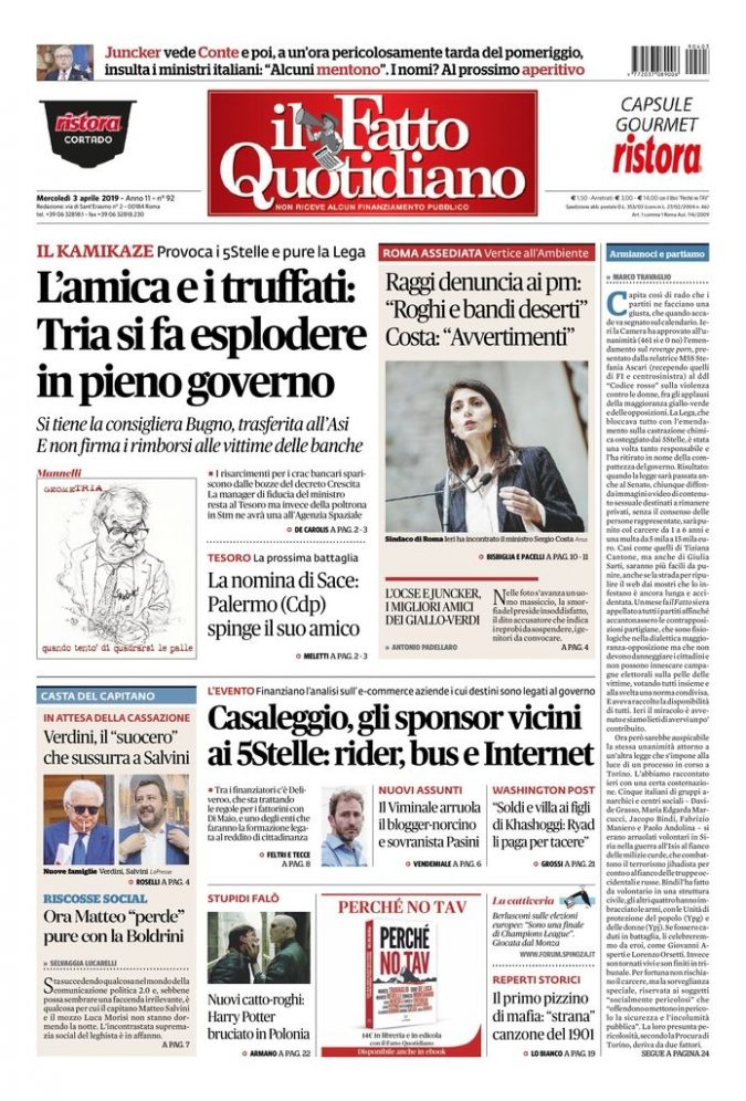 Copertina di mercoledì 3 aprile 2019