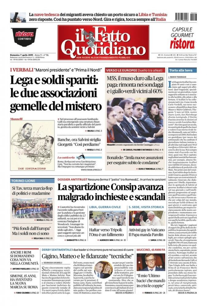 Copertina di domenica 7 aprile 2019